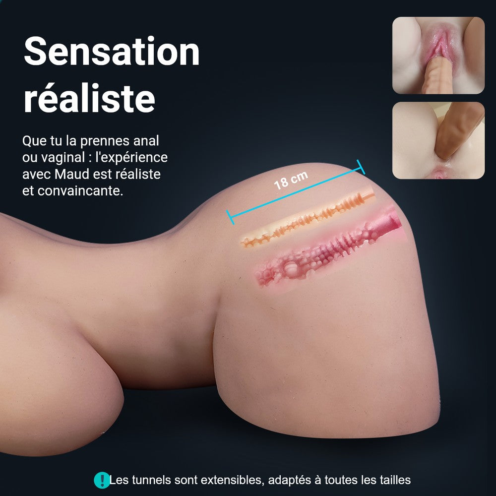 Infographie poupée sexuelle Maud : sensation réaliste, canal vaginal et anal extensible de 18 cm