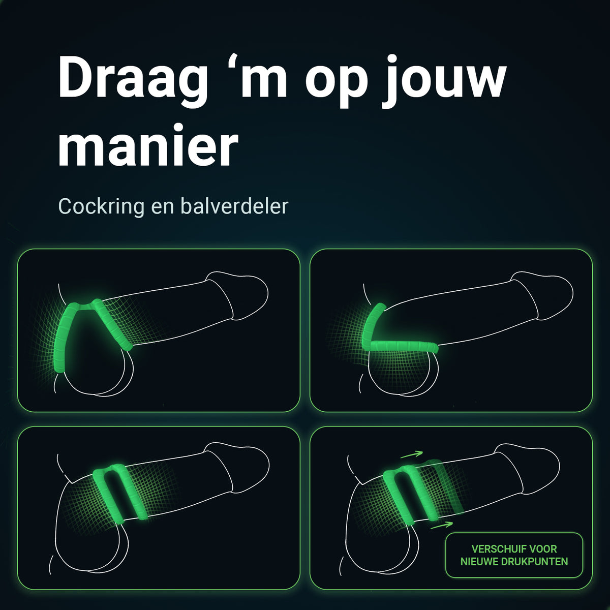 Ways to wear the Glowloop Dual cock ring: as a cock ring and ball divider