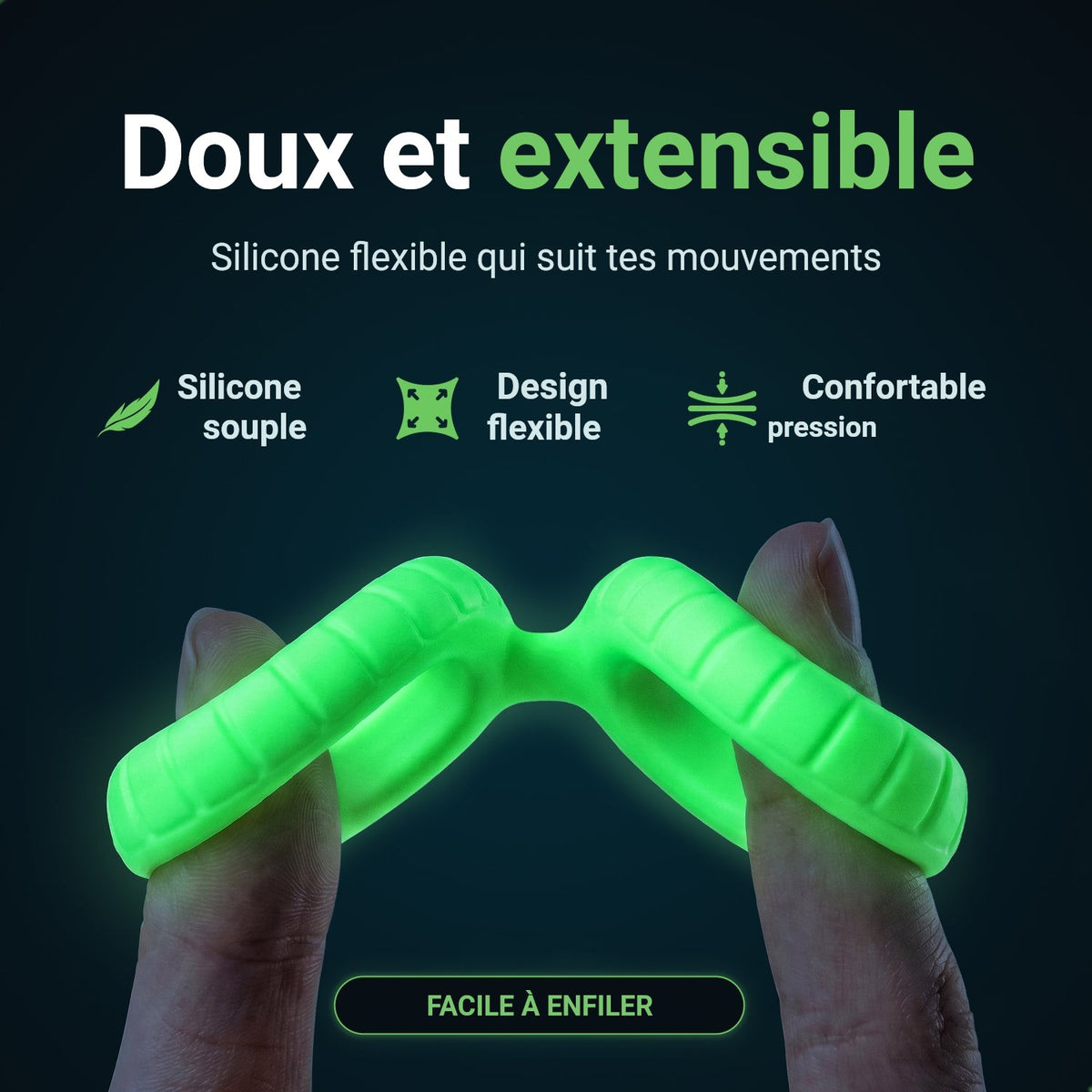 Cockring Glowloop Dual en silicone souple et extensible, étirée entre deux doigts