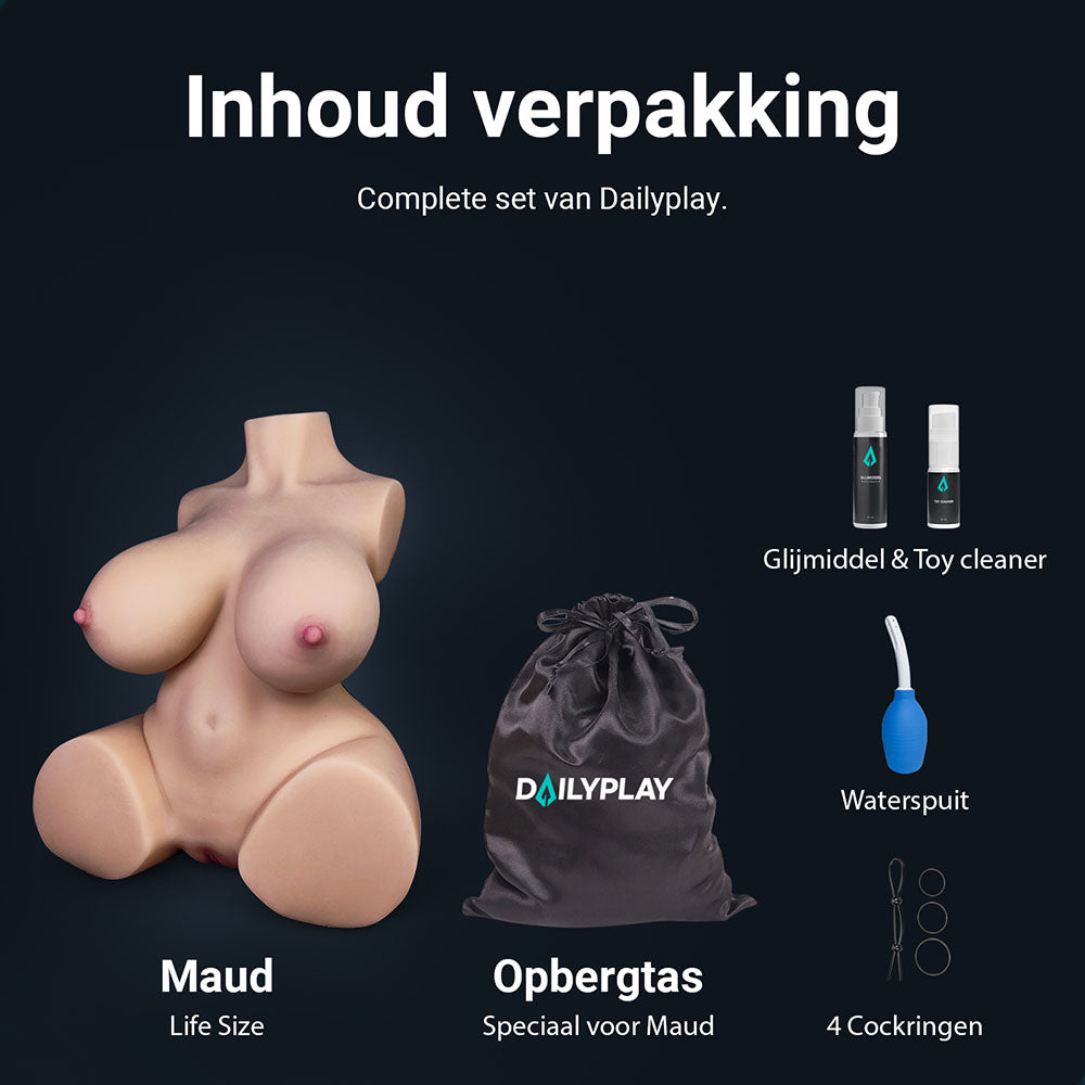What's in the box, Maud: torso, storage bag, lube, Toy Cleaner, vaginal douche and 4 cock rings