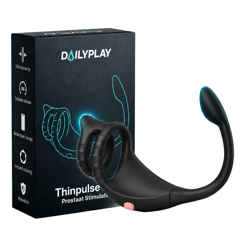 Stimulateur de prostate Thinpulse Pro avec double cockring à côté de l'emballage Dailyplay