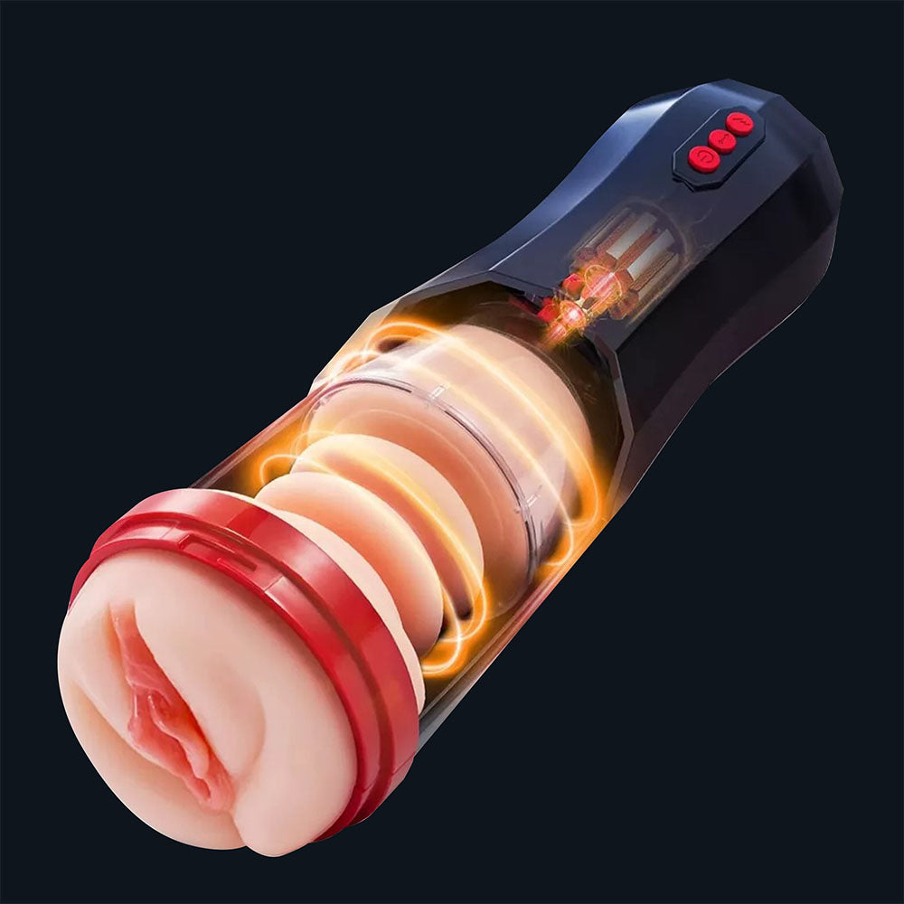Masturbateur automatique Mila avec orifice vaginal et système d'aspiration visible dans le boîtier