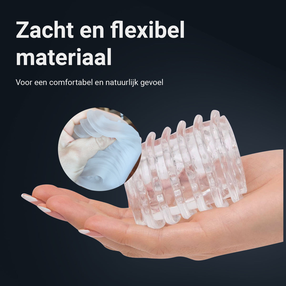 Pocket Shot masturbator sleeve made of soft, flexible material, lying on a hand
