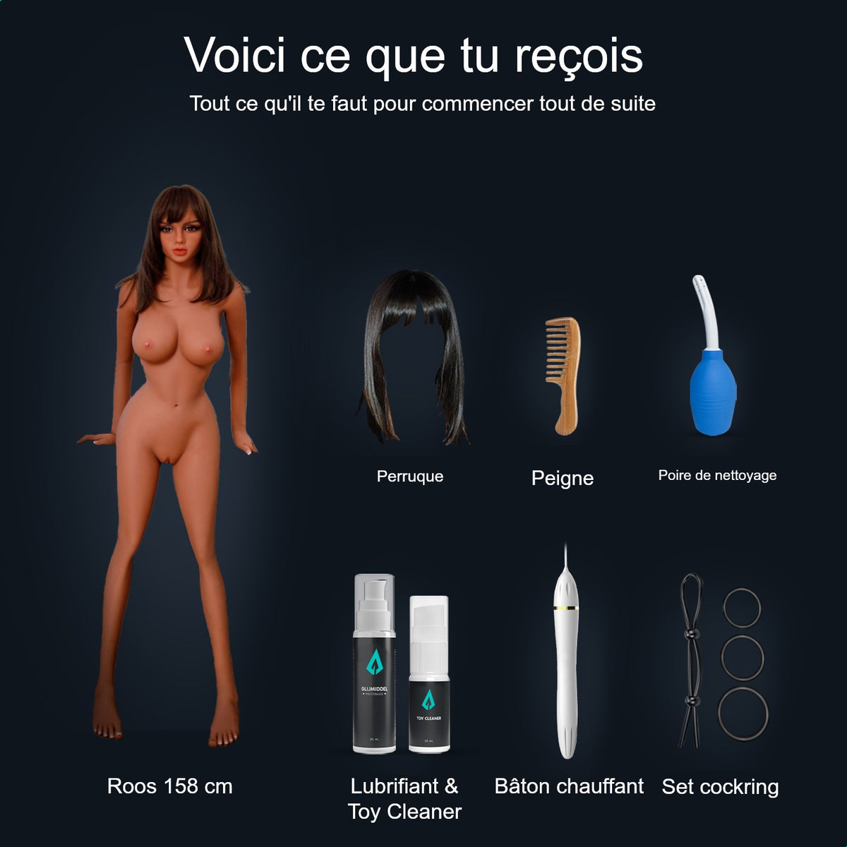 Contenu du colis poupée sexuelle Roos 158 cm : poupée, perruque, peigne, poire de nettoyage, lubrifiant, Toy Cleaner, bâton chauffant et set de cockrings