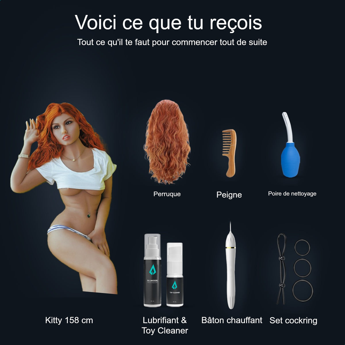 Contenu du colis poupée sexuelle Kitty 158 cm : poupée, perruque, peigne, poire de nettoyage, lubrifiant, Toy Cleaner, bâton chauffant et cockring