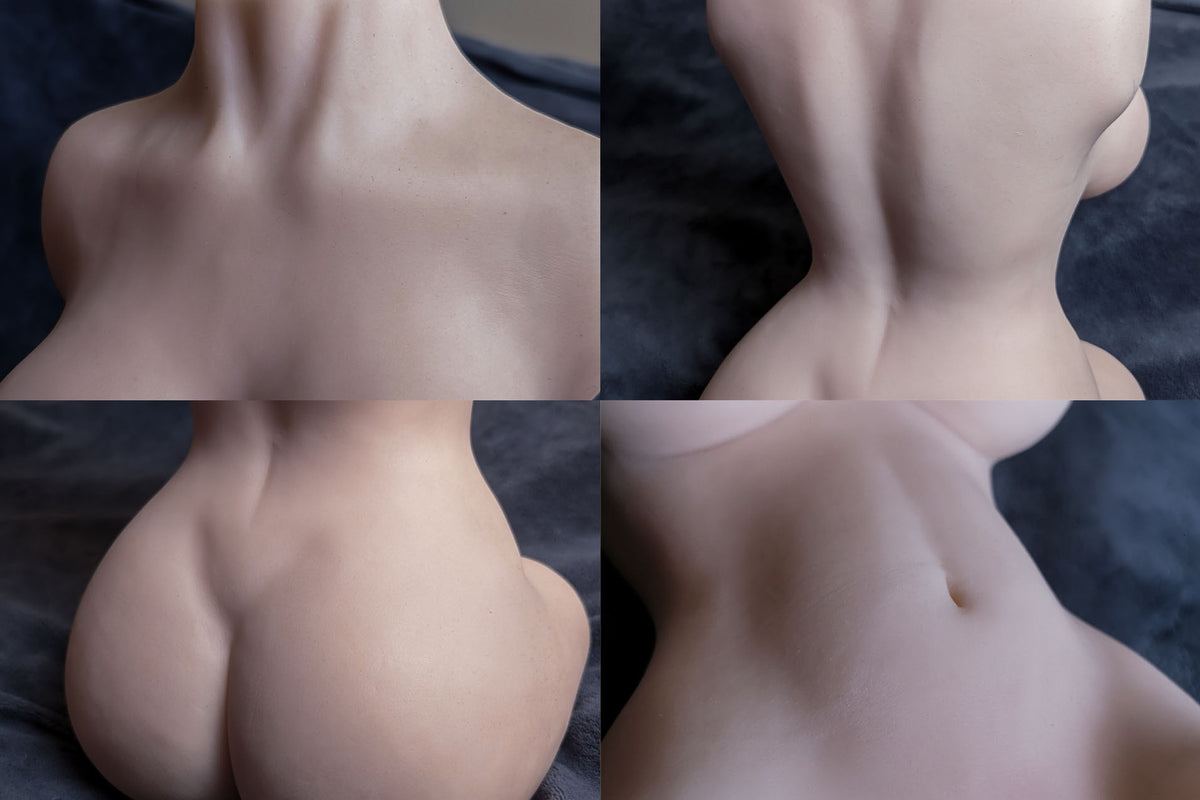 Quatre photos de détail de la poupée sexuelle Sara : nuque, dos, fesses et ventre