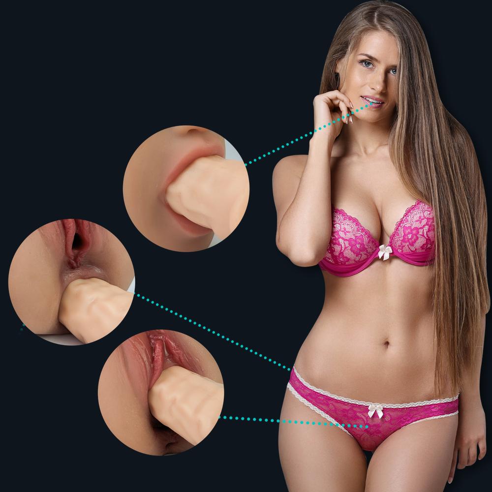 Femme en lingerie rose avec trois gros plans des orifices (bouche, vagin et anus) d'Emily en situation d'utilisation