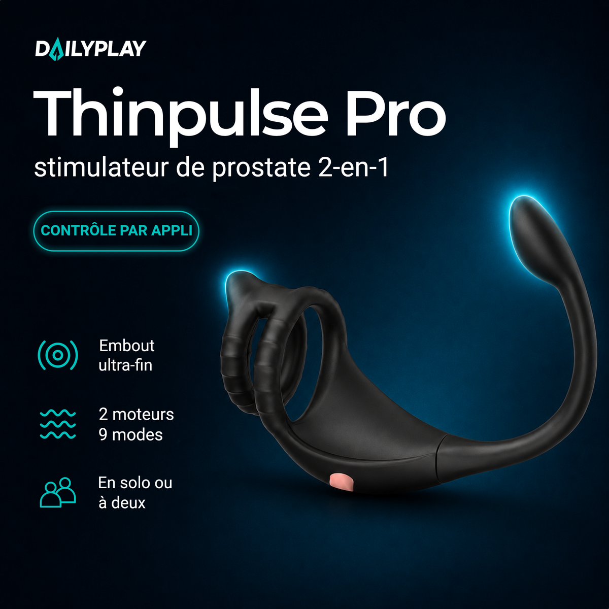Thinpulse Pro stimulateur de prostate 2 en 1 : embout ultra fin, 2 moteurs, 9 modes, contrôle par appli