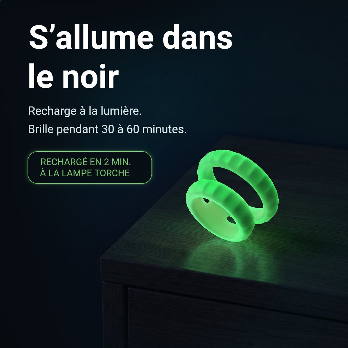 Cockring Glowloop Dual qui brille dans le noir, se recharge à la lumière, brille de 30 à 60 minutes