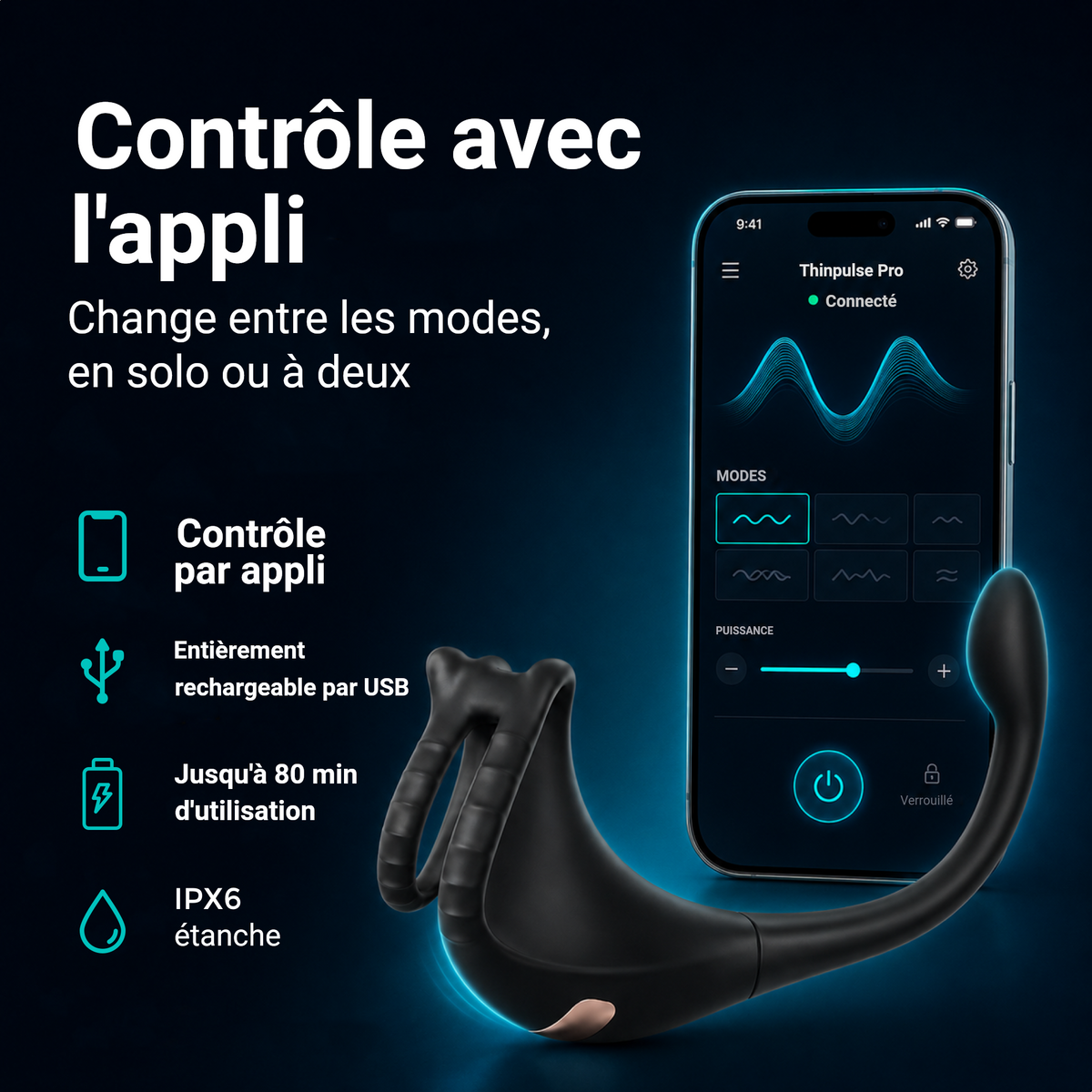 Contrôle du Thinpulse Pro par appli : changement de modes, rechargeable par USB, 80 min, étanche IPX6