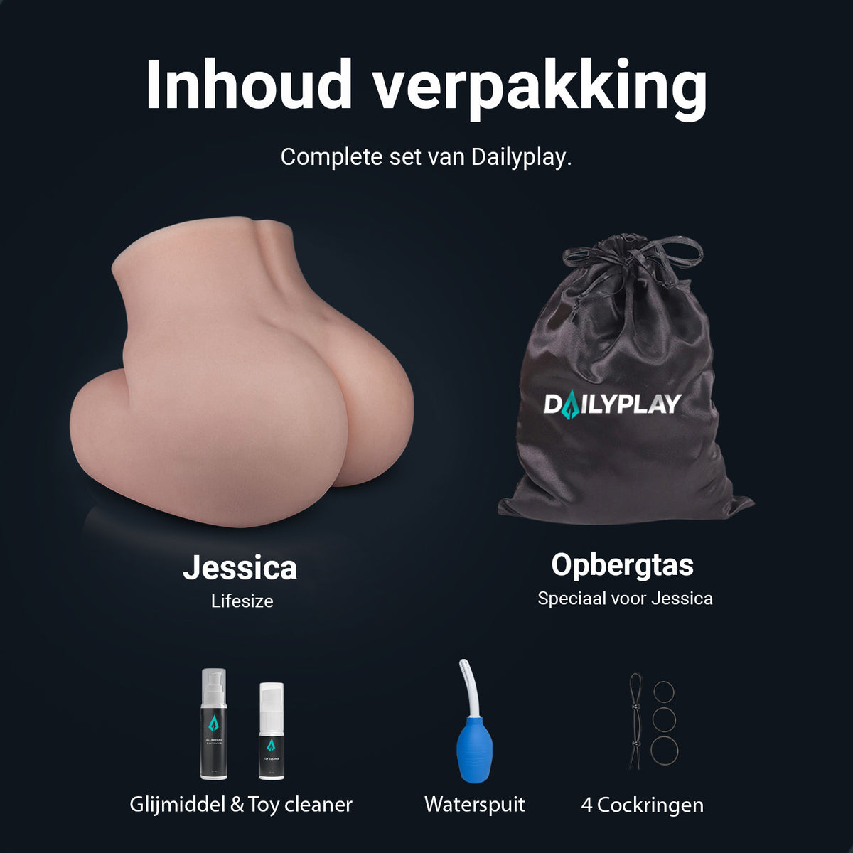 What's in the box, Jessica: butt, storage bag, lube, Toy Cleaner, vaginal douche and 4 cock rings