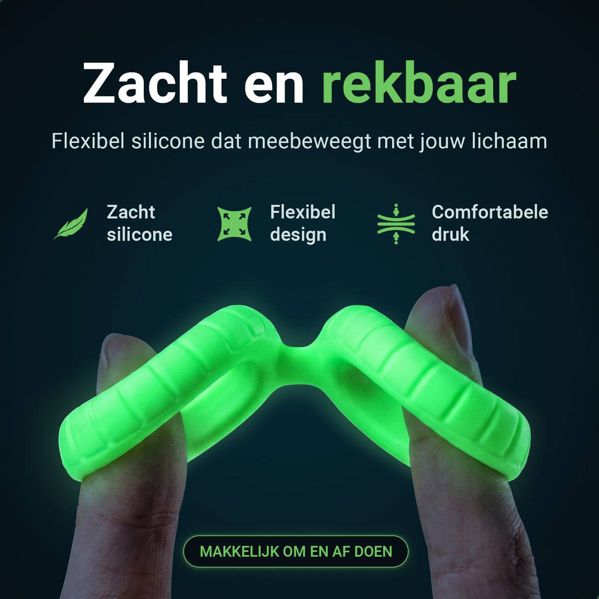 Glowloop Dual cock ring made of soft, stretchy, flexible silicone, stretched between two fingers