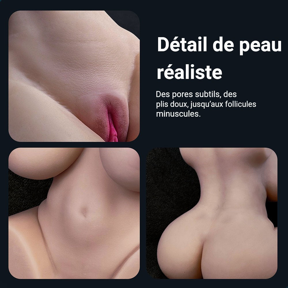 Infographic poupée sexuelle Maud : détail de peau réaliste avec pores et plis souples