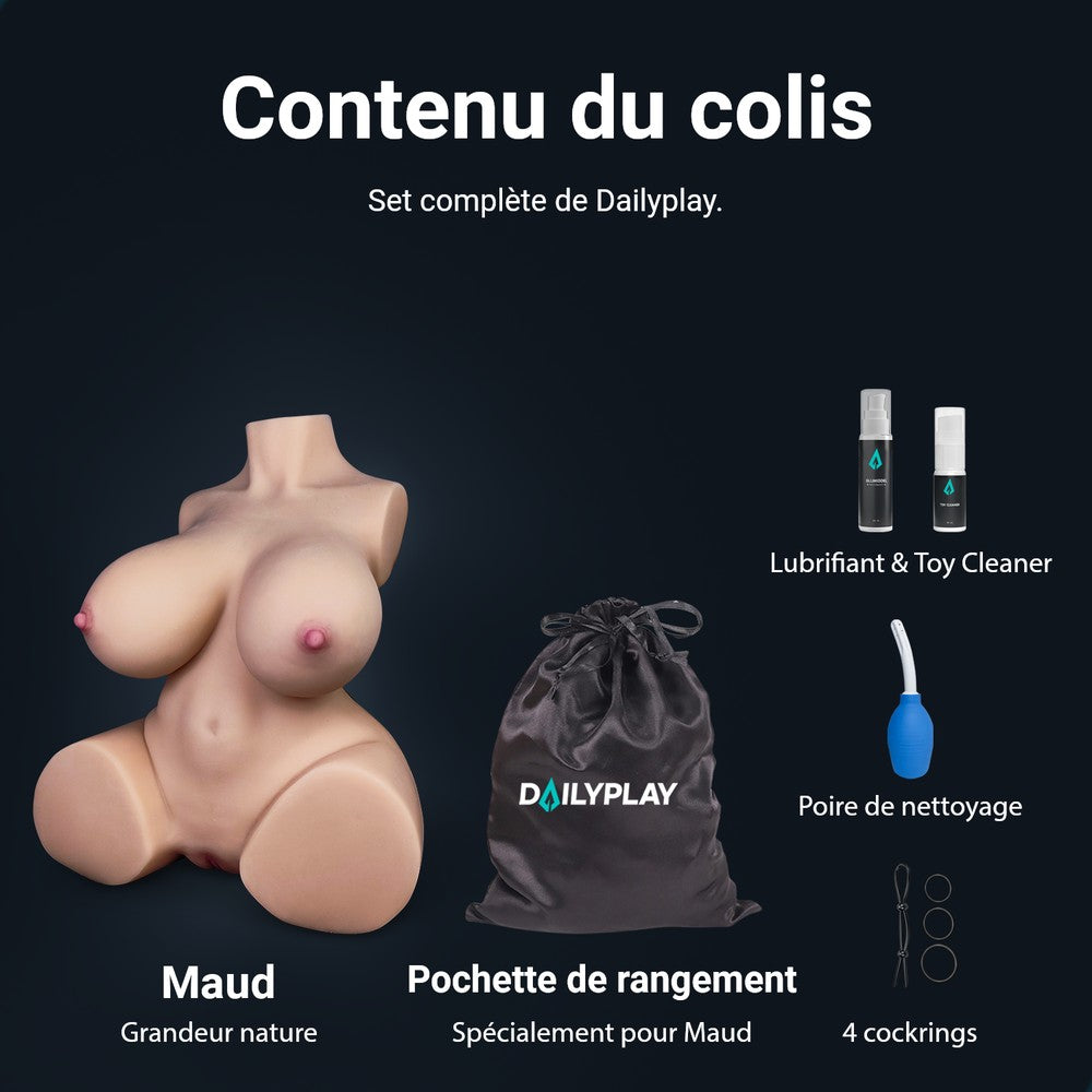 Contenu du colis Maud : torse, pochette de rangement, lubrifiant, Toy Cleaner, poire de nettoyage et 4 cockrings