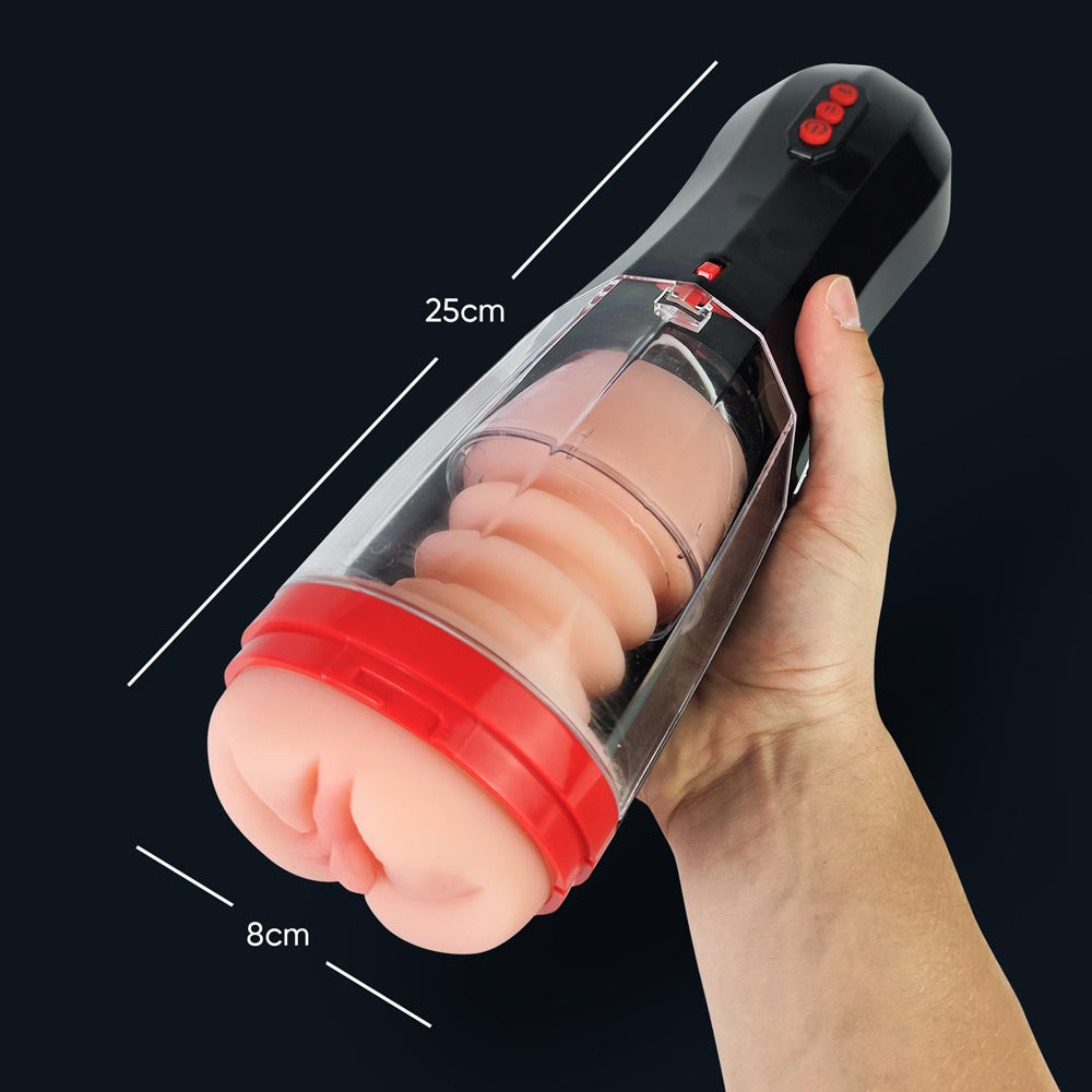 Dimensions du masturbateur automatique Mila : 25 cm de long, 8 cm de large, tenu dans la main
