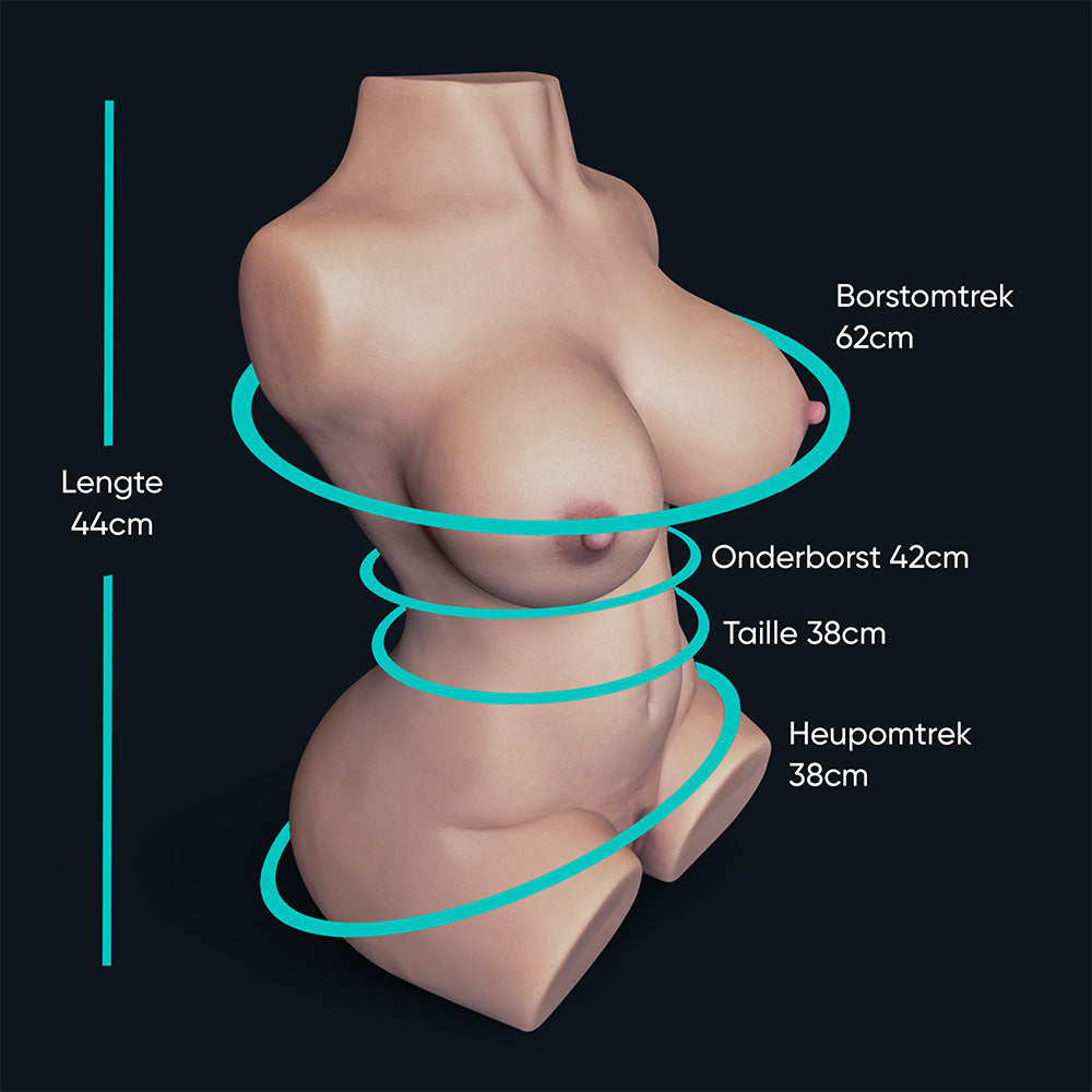 Dimensions de la poupée sexuelle Sara : Hauteur 44 cm, tour de poitrine 62 cm, tour sous-poitrine 42 cm, tour de taille 38 cm, tour de hanches 38 cm