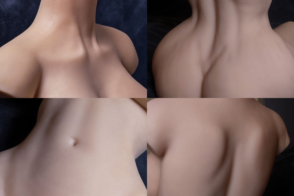 Quatre photos de détail de la poupée sexuelle Esmee : cou, épaules, ventre et dos