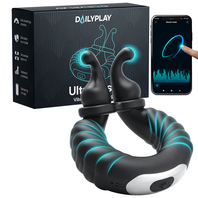 Cockring vibrante Ultrapulse à côté du colis Dailyplay et d'un smartphone avec l'appli de contrôle