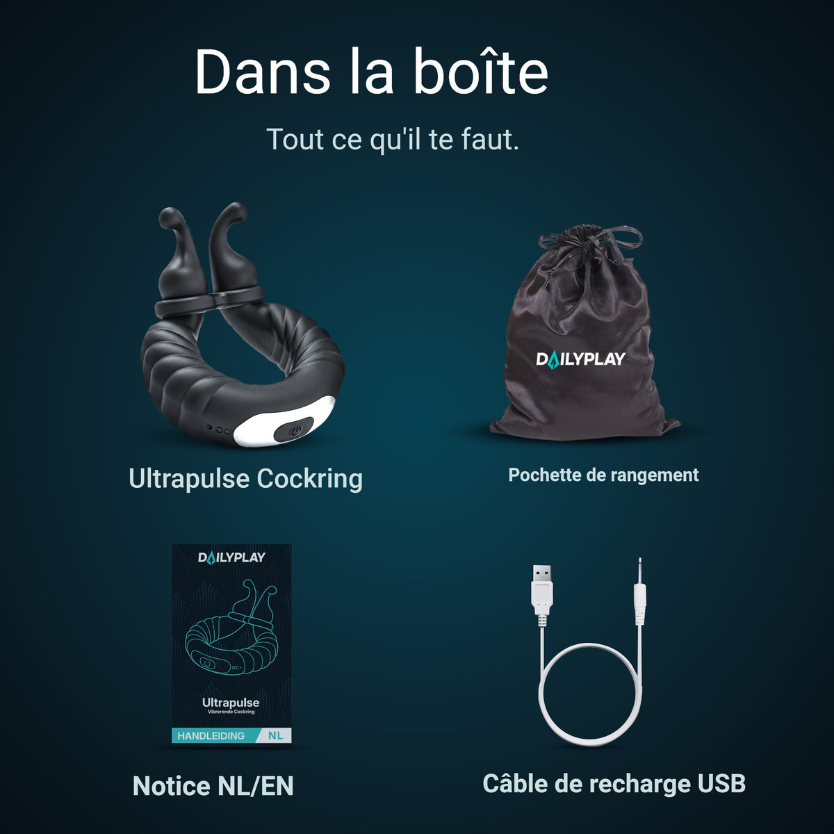 Contenu du colis : cockring Ultrapulse, pochette de rangement, notice et câble de recharge USB