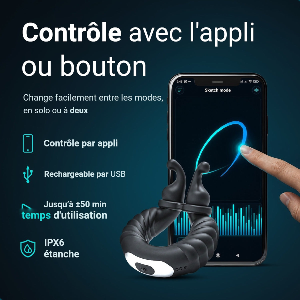 Cockring Ultrapulse : contrôle par appli, rechargeable par USB, jusqu'à 50 min d'autonomie, étanche IPX6