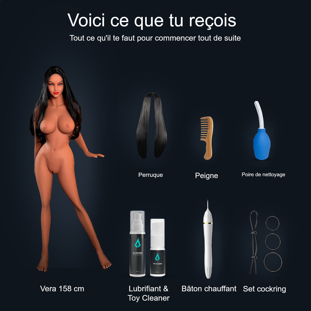 Contenu du colis poupée sexuelle Vera 158 cm : poupée, perruque, peigne, poire de nettoyage, lubrifiant, Toy Cleaner, bâton chauffant et cockrings