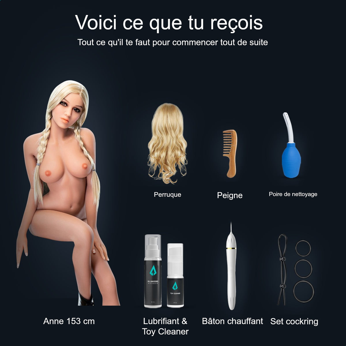 Contenu du colis poupée sexuelle Anne 153 cm : poupée, perruque, peigne, poire de nettoyage, lubrifiant, Toy Cleaner, bâton chauffant et cockring