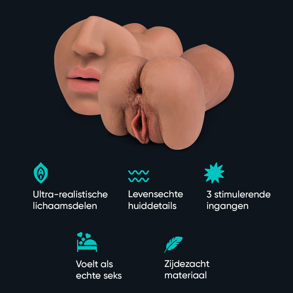 Features of Suzan pocket pussy: realistic body parts, lifelike skin detail, 3 stimulating openings, silky soft material